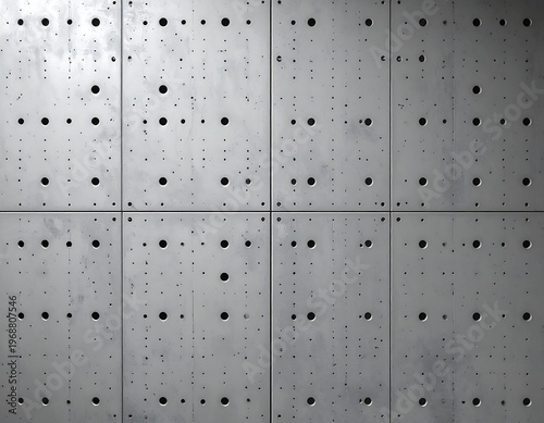 Close-up of concrete panels with various sized holes arranged in a grid-like pattern on a light grey background