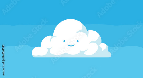 Cute fluffy white cloud with a friendly smiling face on a bright blue sky for children's graphics and weather apps.