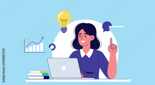 Young woman having an idea while working on a laptop with a glowing lightbulb and financial growth charts nearby.