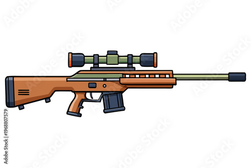 Assault rifle with scope positioned on white background
