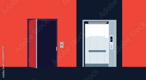 Modern minimalist illustration featuring an open doorway next to a contemporary elevator against a vibrant red and black wall.