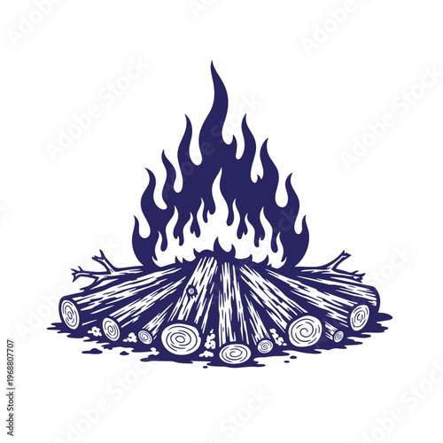 Dark blue of a burning campfire with stacked wooden logs and stylized flames isolated on a white background