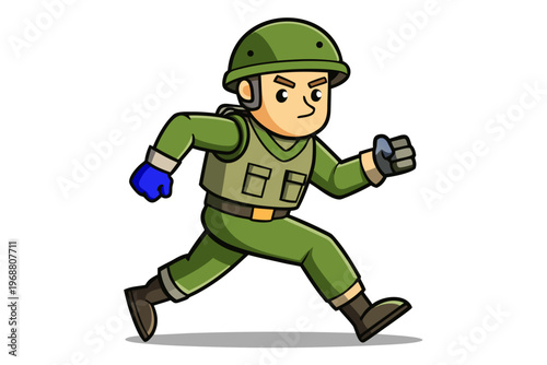 Cartoon soldier running across white background simple illustration