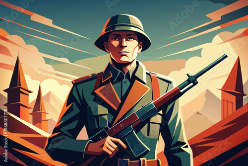 Uniformed soldier standing with rifle in stylized landscape