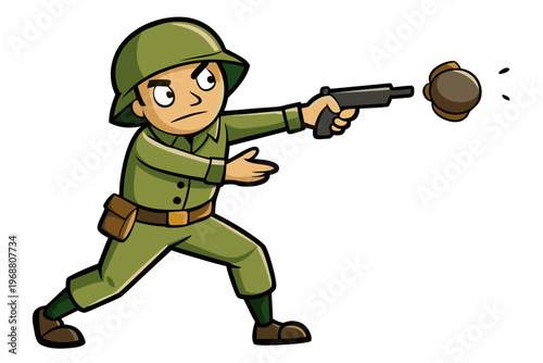 Soldier firing pistol while throwing grenade in cartoon scene