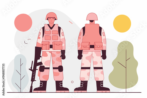 Two soldiers standing front and back in outdoor illustration