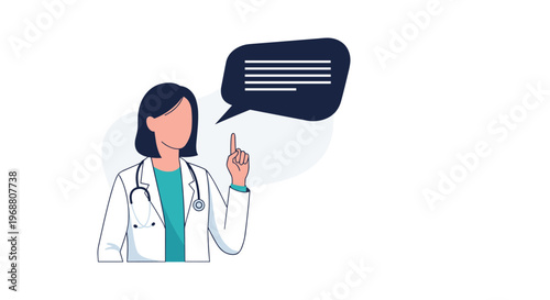 Female medical professional in a lab coat pointing up with a speech bubble providing healthcare advice and information.
