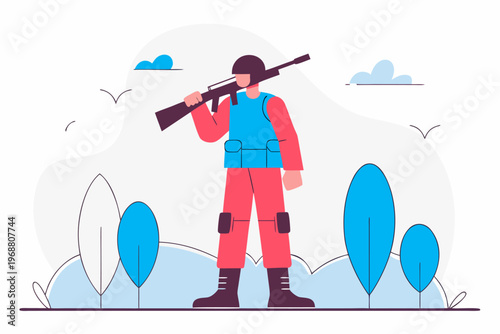 Soldier carrying rifle standing in stylized outdoor scene
