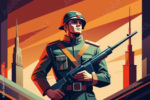 Soldier posing with rifle in urban monument backdrop