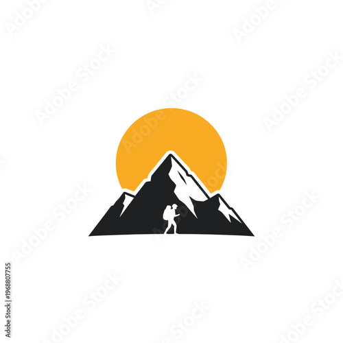 Person silhouette hiking up a rugged mountain peak under a bright yellow sun, isolated white background.
