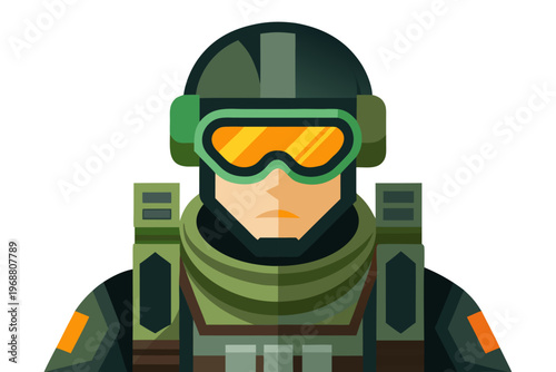 Armored soldier icon front view with helmet and goggles