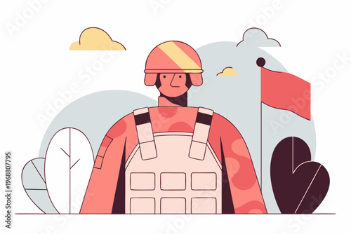 Soldier standing near flag in flat outdoor illustration