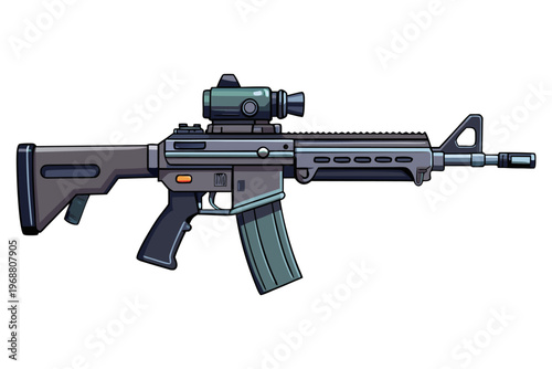 Tactical rifle shown with optic on white background