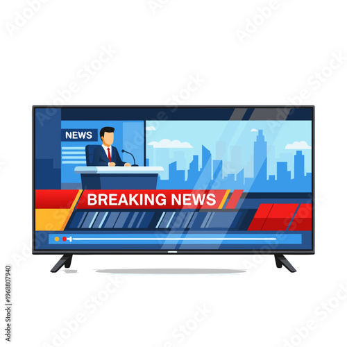 Television news anchor delivering breaking report in studio