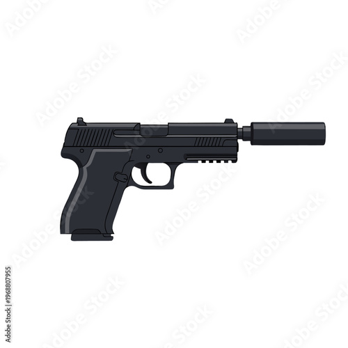 Handheld pistol with suppressor in side profile view