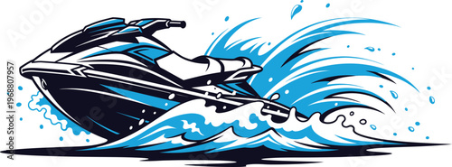 Dynamic jet ski illustration racing through blue ocean water waves and splash