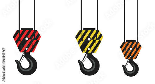 Set of three heavy duty industrial crane hooks with safety stripes in red, yellow, and orange for construction and logistics.