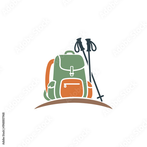 Green backpack and trekking poles, essential gear for hiking and outdoor adventure, isolated white background.