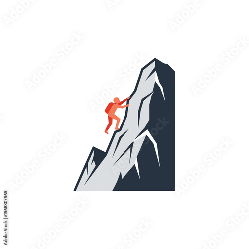 Determined climber ascending a steep rocky mountain face, isolated white background.
