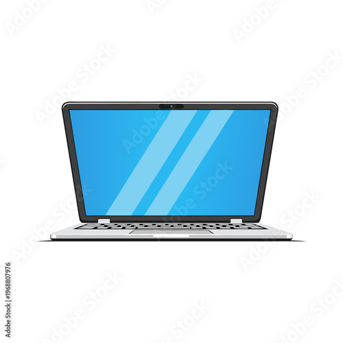 Laptop computer open displaying blue screen on white background