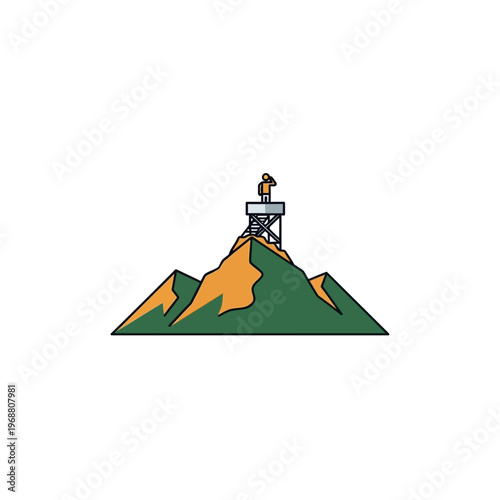 Person standing on a lookout tower atop a mountain peak, observing the landscape, isolated white background.