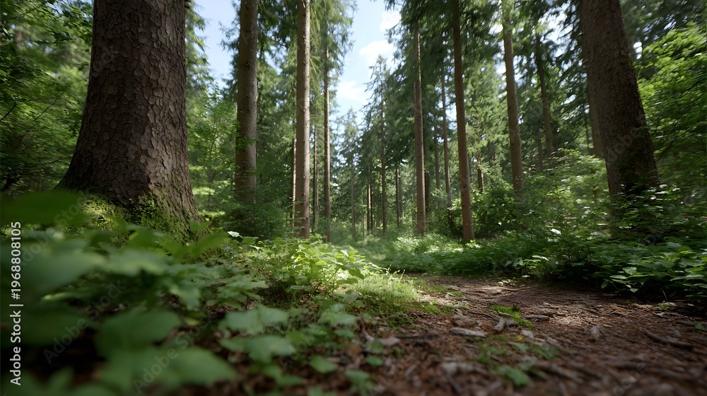 Obraz premium A sun d d forest path winds through tall evergreen trees with lush green foliage in the foreground