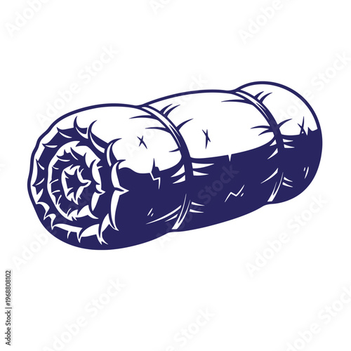 Dark blue of a rolled up sleeping bag or camping mat tied with straps isolated on a white background for outdoor adventure and travel gear concepts 1