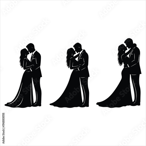Bride and Groom Silhouette Holding Bouquet – Elegant Wedding Couple Illustration