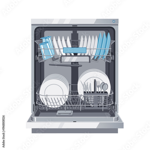 Loaded dishwasher with clean dishes inside kitchen appliance