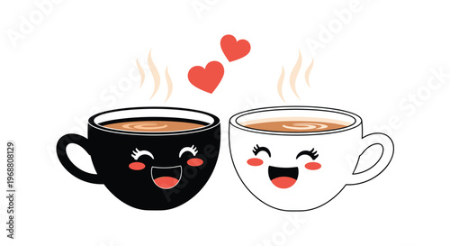 Two adorable coffee mugs with cute smiling faces and hearts floating above them representing a warm friendship or love.