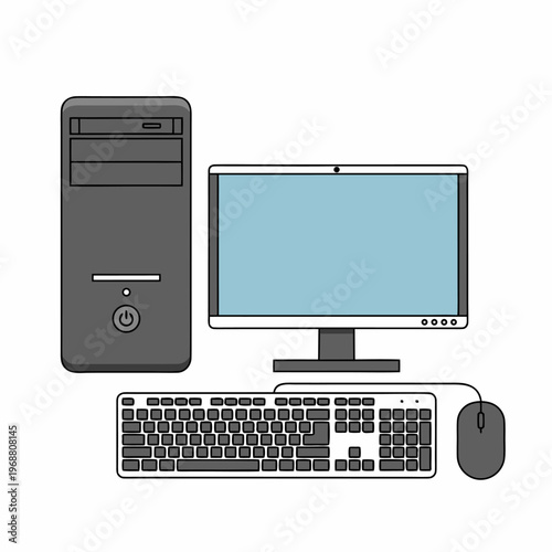 Desktop computer with monitor keyboard and wired mouse setup
