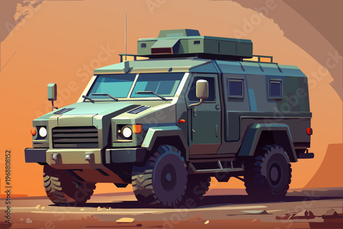 Military armored transport positioned on arid landscape at dusk
