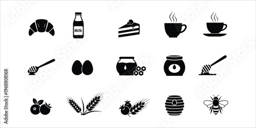 Breakfast and honey icons set including croissant, milk, coffee, eggs, honeycomb, wheat, and bee black silhouette.