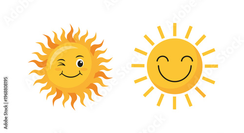 Two cheerful cartoon suns with happy faces and bright rays bring a sunny and positive atmosphere to children's designs.