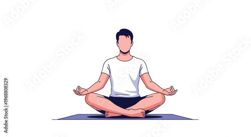 Calm man practicing mindfulness meditation in a seated lotus position on a yoga mat for mental health and relaxation.