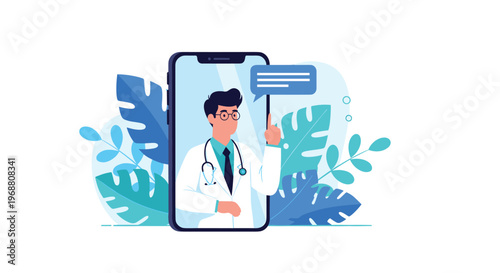 Medical consultation via a smartphone app showing a male doctor providing online healthcare services and professional advice.