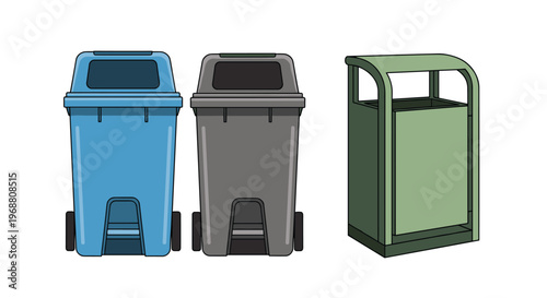 Set of three different waste containers including recycling bins and a public trash can for environmental management.