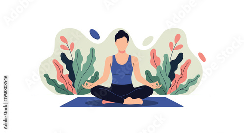 Serene woman meditating in a garden setting with colorful leaves and abstract shapes for a peaceful mindfulness theme.