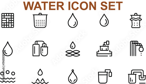 Water icons set with various symbols and signs for design and infographics