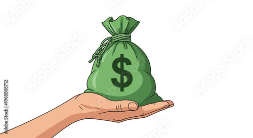 Hand holding a green sack of money with a dollar sign representing wealth, savings, banking, and financial success.