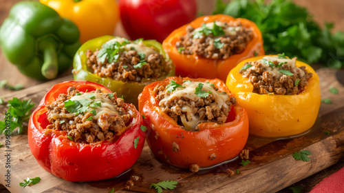 Vibrant red, yellow, and green bell peppers stuffed with meat and rice on a wooden table, healthy meal, home cooking, delicious dinner.