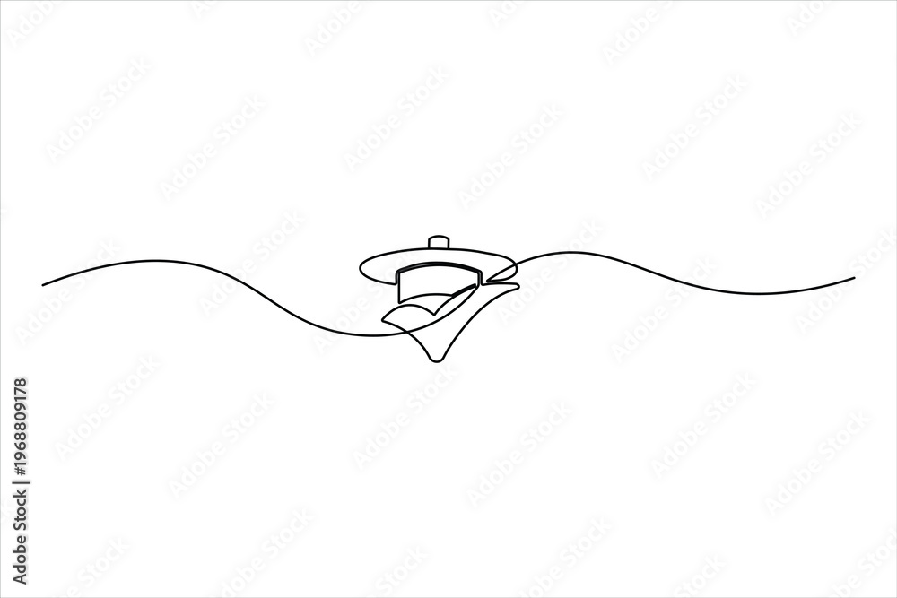 Obraz premium Minimalist continuous one-line drawing of a graduation cap and check mark, representing academic completion, success, and educational achievement.