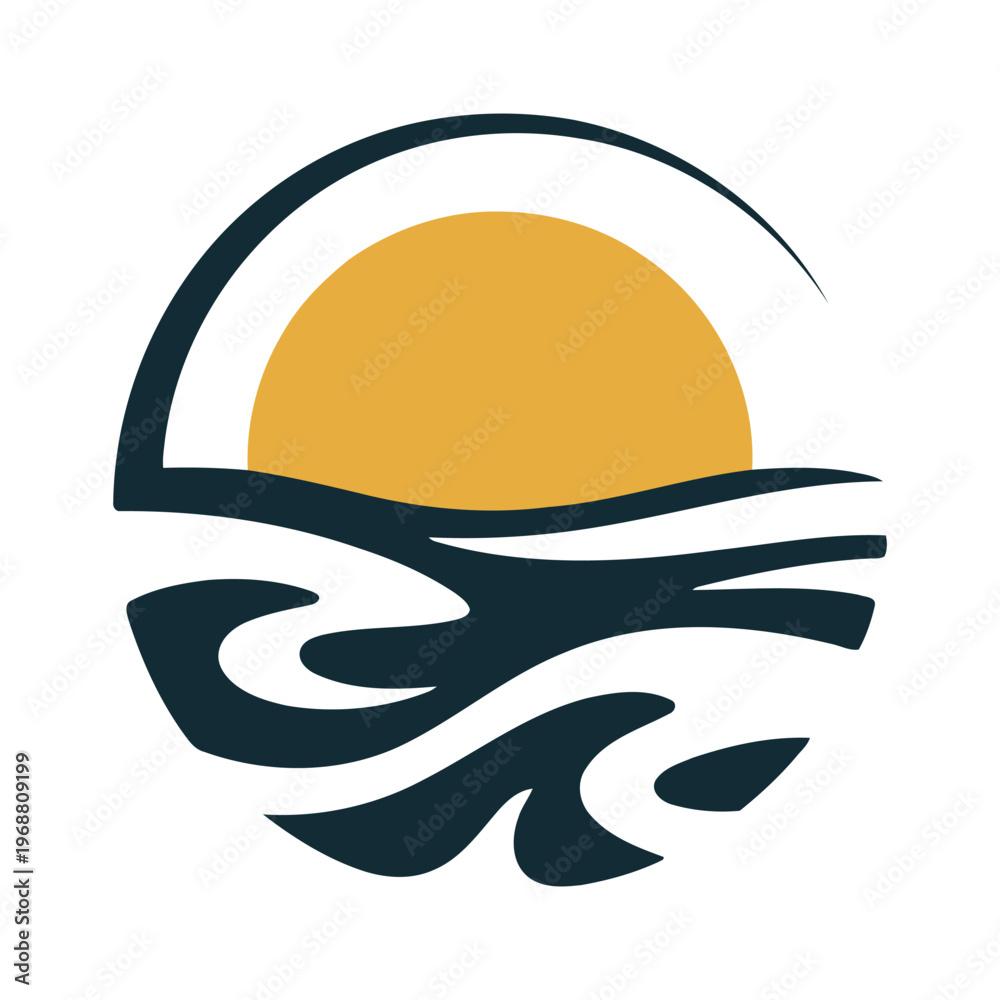 Fototapeta premium Abstract sunset over stylized waves with orange sun and dark blue water ocean