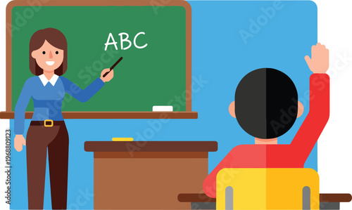 Teacher standing at green chalkboard teaching alphabet lesson to student in classroom setting with wooden desk and educational background illustration