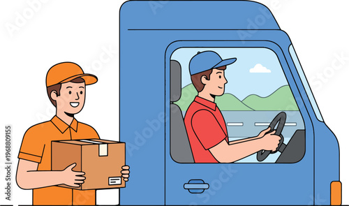 Delivery service illustration, courier standing with cardboard box, delivery van driver holding steering wheel, cargo delivery