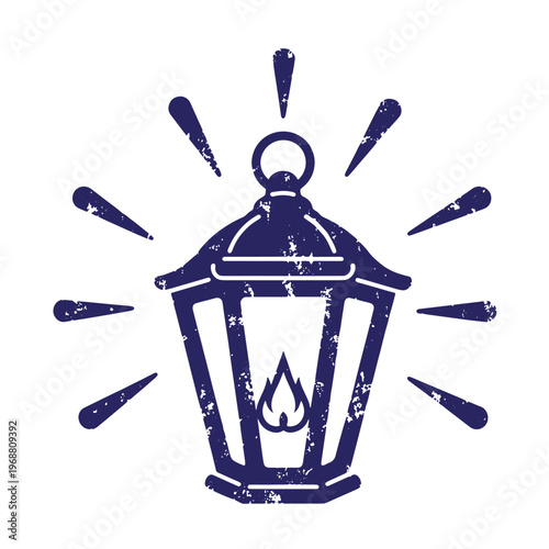 Dark blue silhouette of a vintage hanging lantern with a central flame and radiating light beams featuring a distressed weathered texture on a white background