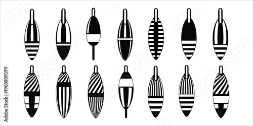 Fishing float icons set black silhouette vector illustration isolated on white background for fishing equipment design.