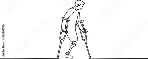 amputated led person using crutches for support, walking carefully Highlights the importance of mobility aids in daily life and recovery. one line art icon drawing vector
