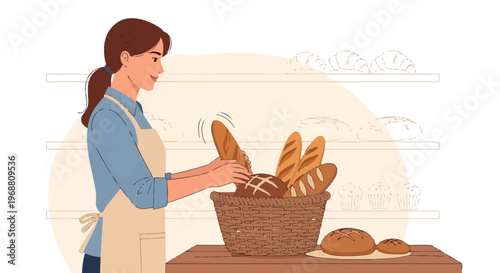 Baker arranging fresh bread in basket at bakery counter, shelves with baked goods in background