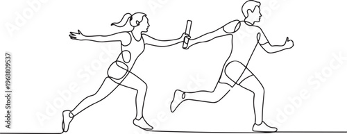 Continuous single line drawing of The female runner will hand over the baton to her male teammate. one line art icon drawing vector